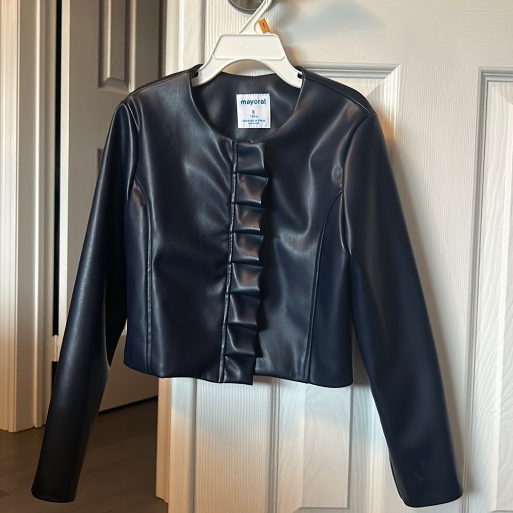 Mayoral Girls Navy Faux Leather Cropped Jacket